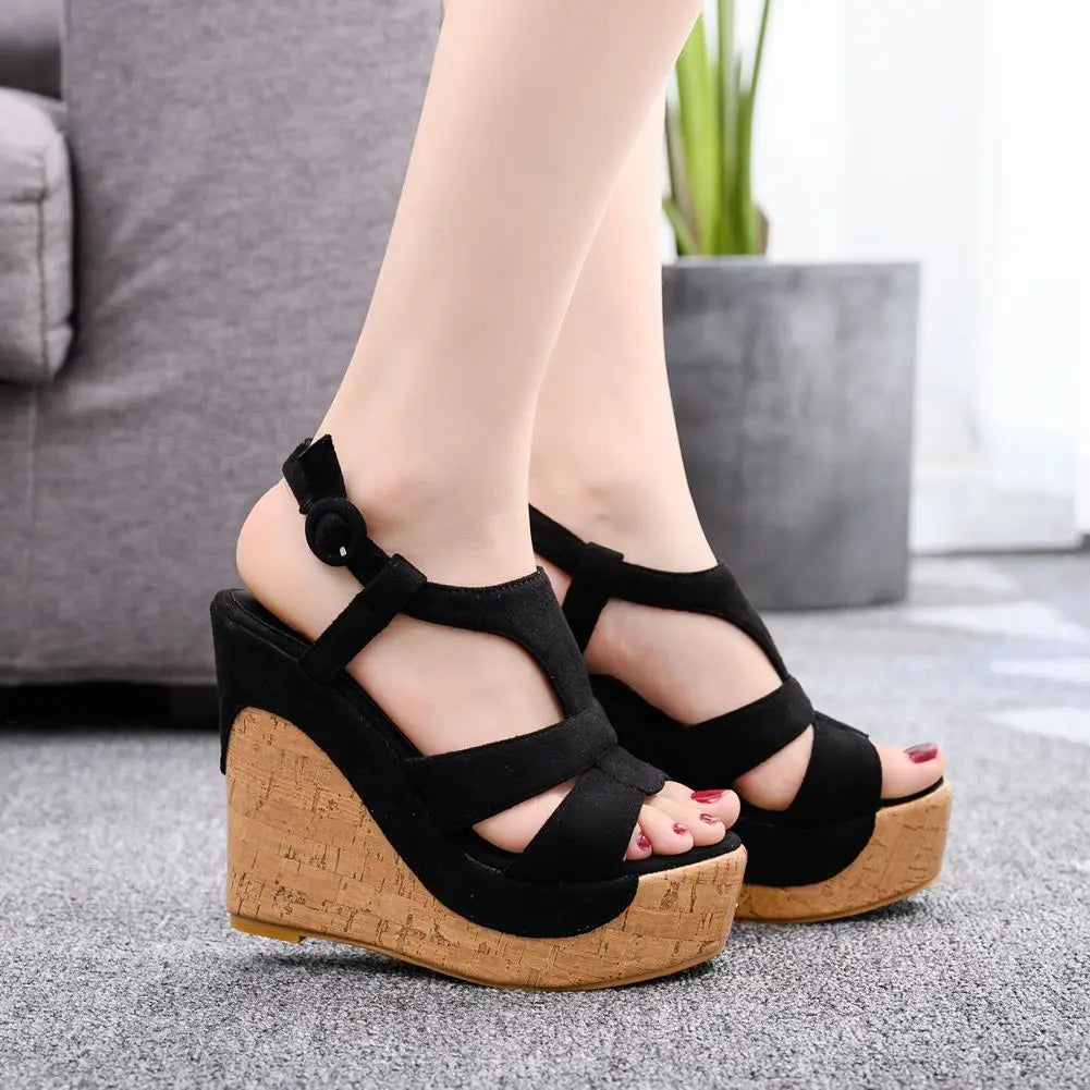 Women’s Summer Flock Sandals – 12CM Wedge Heels with Buckle Strap, White