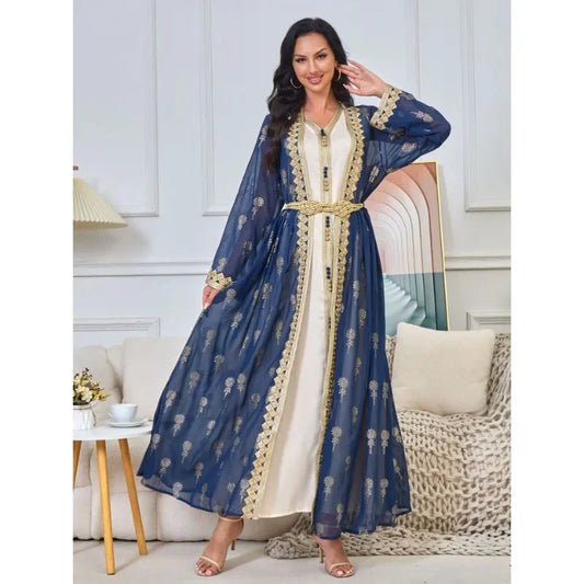 KAF Women Luxury Evening Party Dress 2 Piece Printed Embroidered Cardigan Long Jacket V-Neck Sleeveless Dress 2025 Spring New