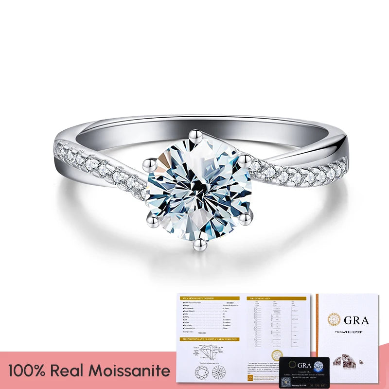 GRA Luxury 1ct D Color Twisted Arm Classic 6 Prong Shiny Moissanite Diamond Rings for Women 925 Sterling Silver Fine Jewelry