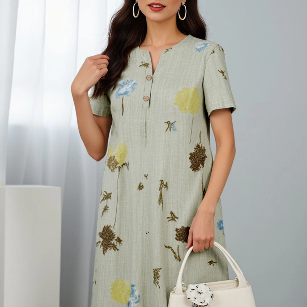 Rafiah Women's Summer 2025 Arabian Dresses Floral Print V-Neck Short Sleeve Dress Button Front Relaxed Fit Long Dress