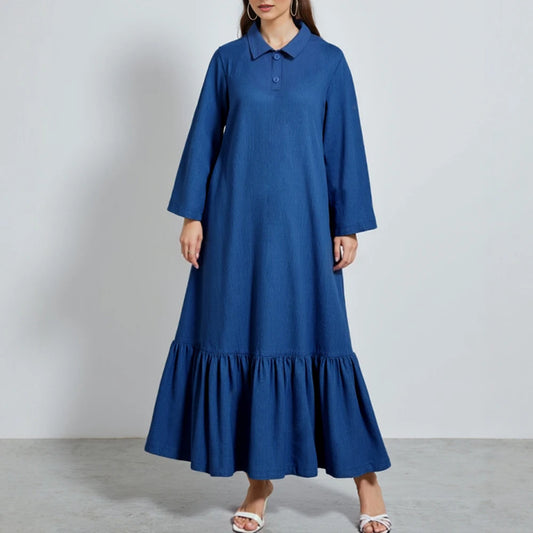 Rafiah Women's Summer Dress Simple Decent Plain Ruffle Long Sleeve Shirt Collar Midi Shirt Dresses Casual Arabian Dress