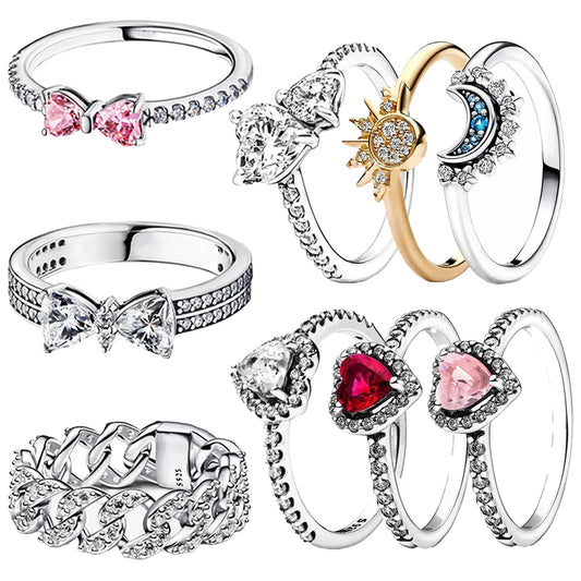 Original 925 Sterling Silver Ring Bow Heart Sun Moon With Colorful Crystal Rings For Women Valentine's Birthday Gift DIY Jewelry