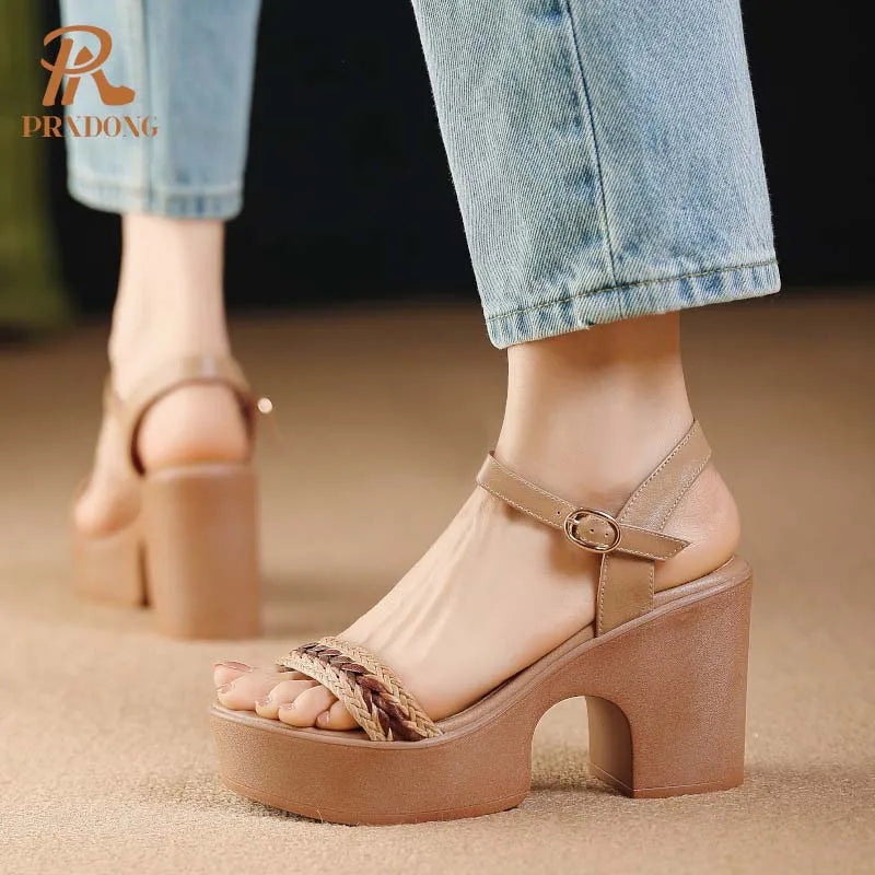 GrabliWorld Women's Genuine Leather Chunky High Heel Platform Sandals Apricot Brown Size 39