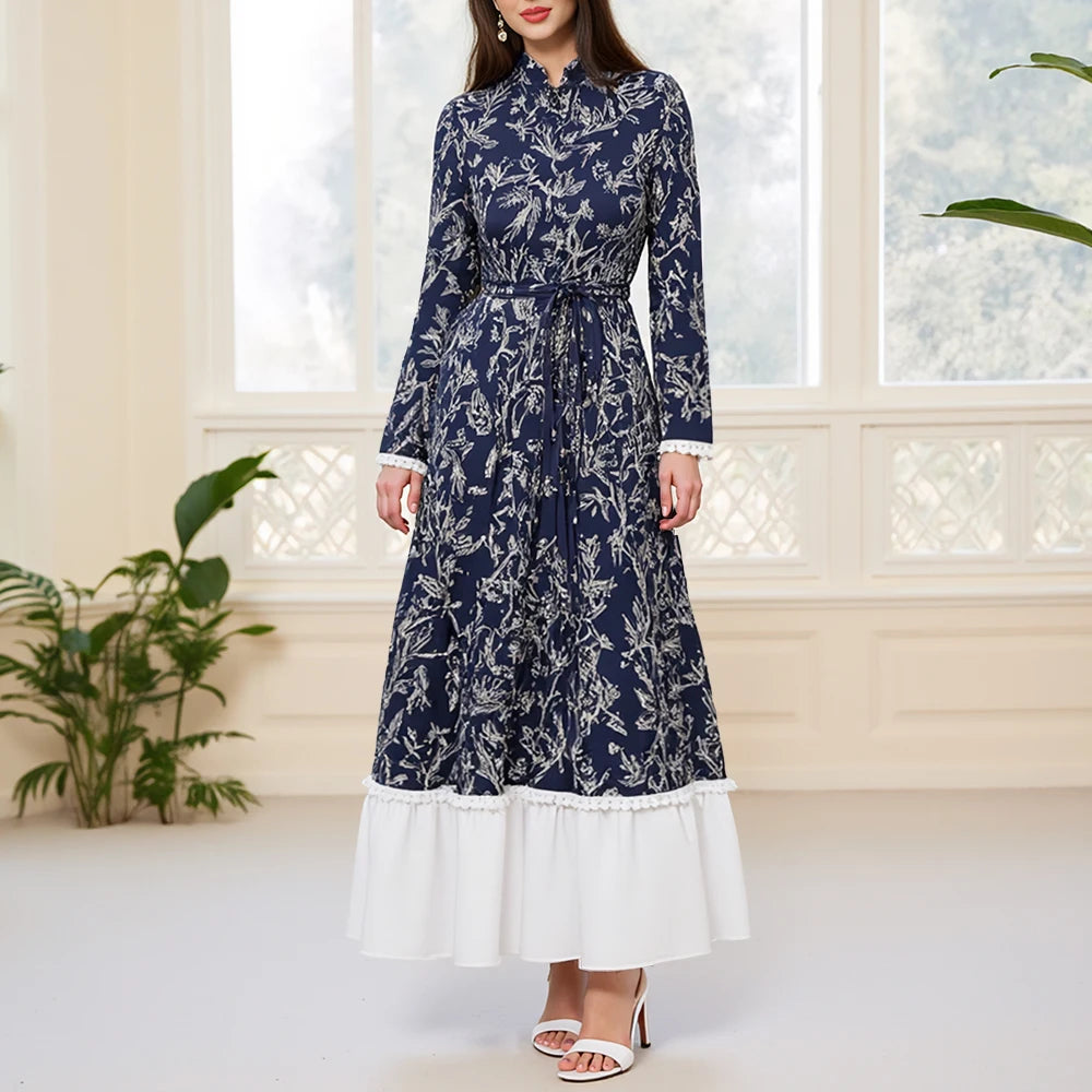 Rafiah Summer Long Dresses 2025 Fashion Casual Patchwork Print Midi Long Sleeve Mandarin Collar Shift Evening Dresses For Women