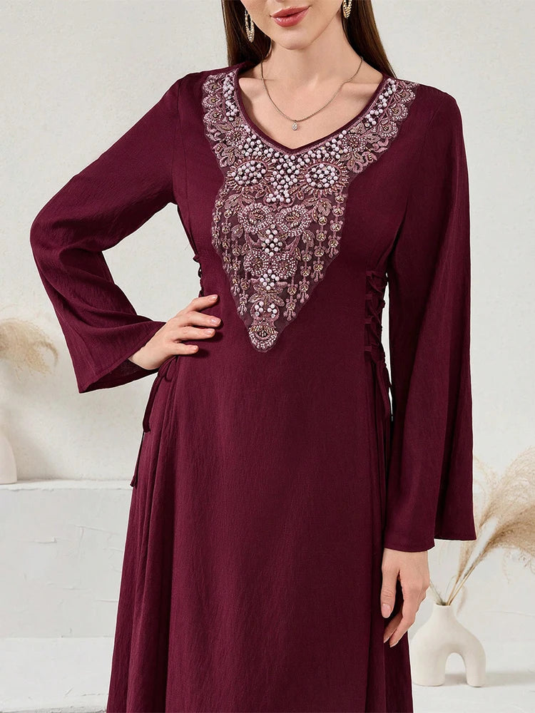Rafiah Ramadan Emirati Lace-Up Long Sleeve Elegant Dress Crystal and Sequin Embellishments in Sober Burgundy for Women