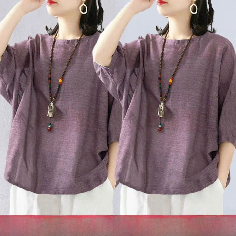 plus Size Women's Cotton T-irt ort Sve Summer New Sle Pure Linen Mid-Age Women's Faionable Commute Ethnic Sle Lo...