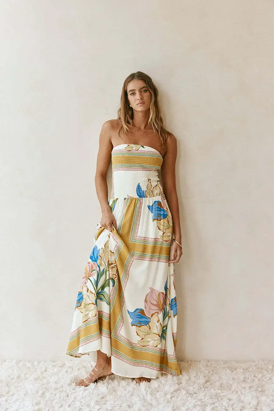 Strapless Floor Dress – Elastic High Waist Pleated -Summer  Edition