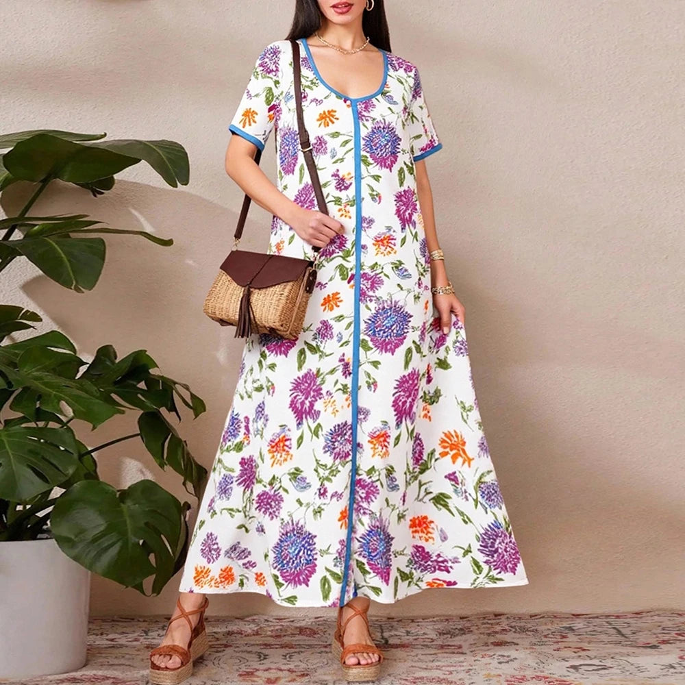 Rafiah Women's Dresses Summer Comfortable Elegant 2025 Full Print Short Sleeve V-Neck A-Line Midi Vacation Long Dress