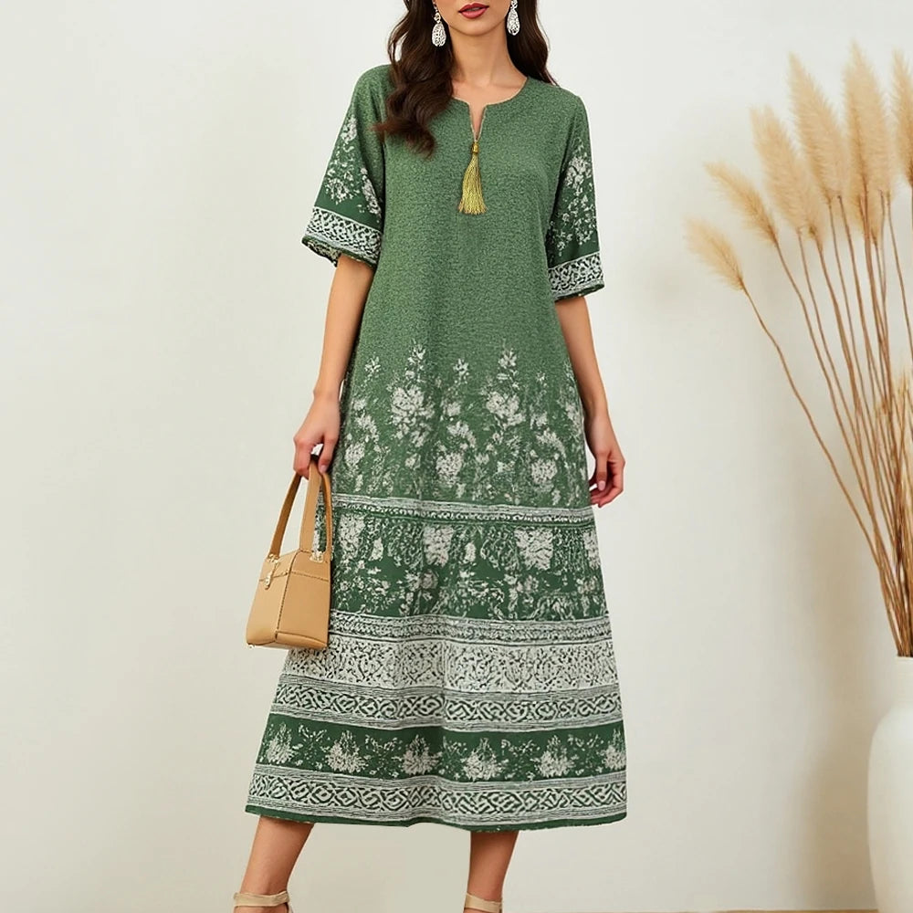 Rafiah Women's Dresses Summer Elegant Fashion 2025 Floral Youthful Short Sleeve V-Neck A Line Midi Vacation Long Dresses