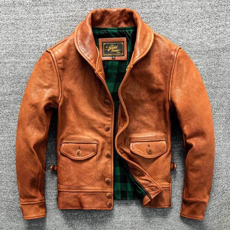 Cossack Green Fruit Leading Layer Mixed Sheepskin Leather Jacket Men's Slim Fit Leather Jacket Autumn and Winter Coat