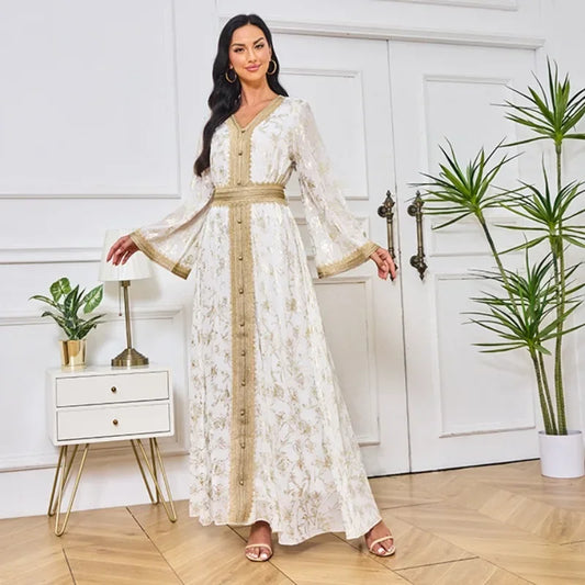 KAF Dubai Luxury Evening Party Dress 2025 Spring Fall New V-neck Long Sleeve Retro Printing Design Loose Large Size Female Abaya