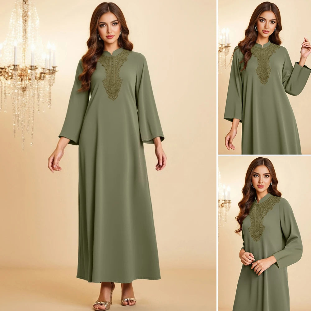 Rafiah Summer Long Dresses 2025 Decent Elegant Basics Graphic Printing Long Sleeve Mandarin Collar Midi A-Line Dresses For Women