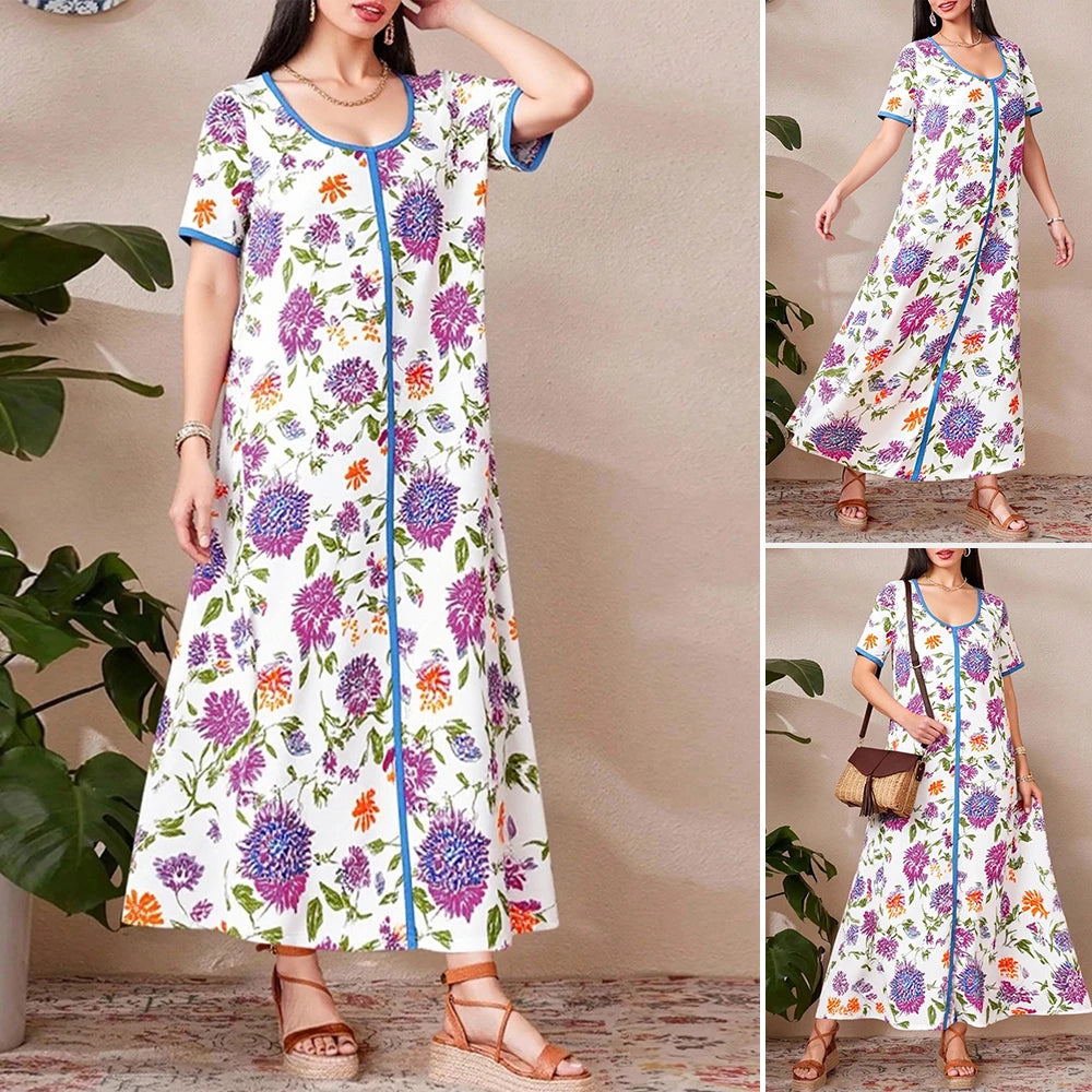 Rafiah Women's Dresses Summer Comfortable Elegant 2025 Full Print Short Sleeve V-Neck A-Line Midi Vacation Long Dress