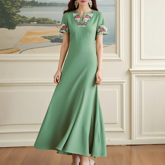 Rafiah Women's Summer 2025 Dress Solid Color V-Neck Floral Embroidered Fitted Silhouette Elegant Detailing Long Dress