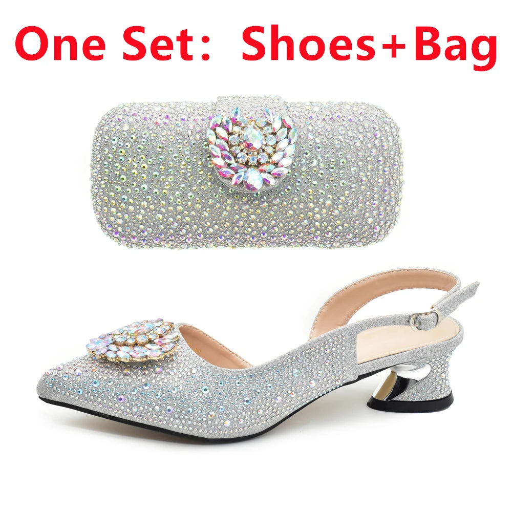 New Italian Shoe and Bag 2025 High Quality Luxury Full Diamond Italian Shoes and Bags Matching Set Decorated with Rhinestone