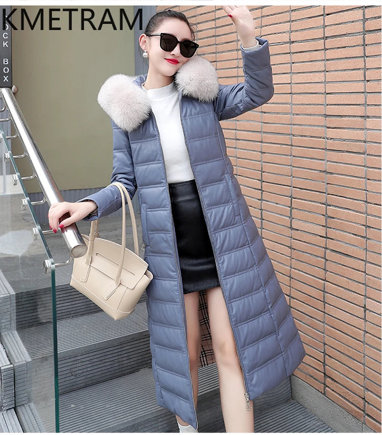 KMETRAM Winter Long Length Coats for Women Clothing Sheepskin Down Jackets White Duck Down Fox Fur Collar Casaco Feminino