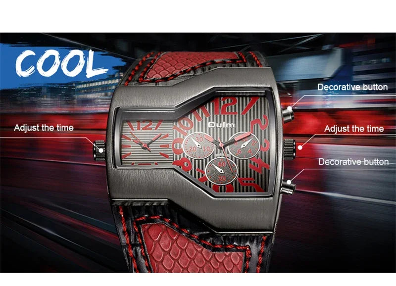 Oulm 1220 Luxury Brand Watch Retro Design Male Sport Wristwatch Leather Strap Watches Men's Two Time Zone Big Dial Quartz Clock
