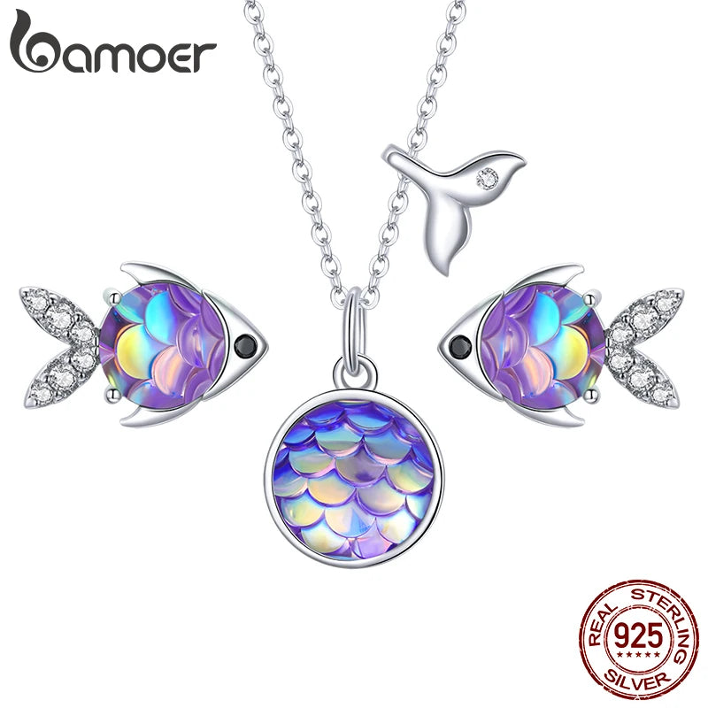 Bamoer 925 Sterling Silver Purple Fish Jewelry Set Happy Tropical Litte Fish Earrings Necklace for Women Fashion Jewelry SCE1028