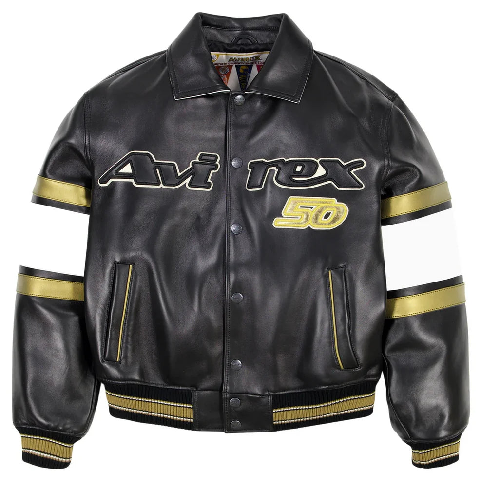 AVIREX Spring 2025 New Release Limited Edition European Sheepskin Jacket Gold Badge Embroidered 50TH ANNIVERSARY  Leather  coat