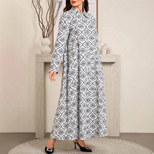Rafiah Women's Arabian Dress Summer Classic Traditional Full Print Long Sleeve Shirt Collar Midi A-Line Long Casual Dress
