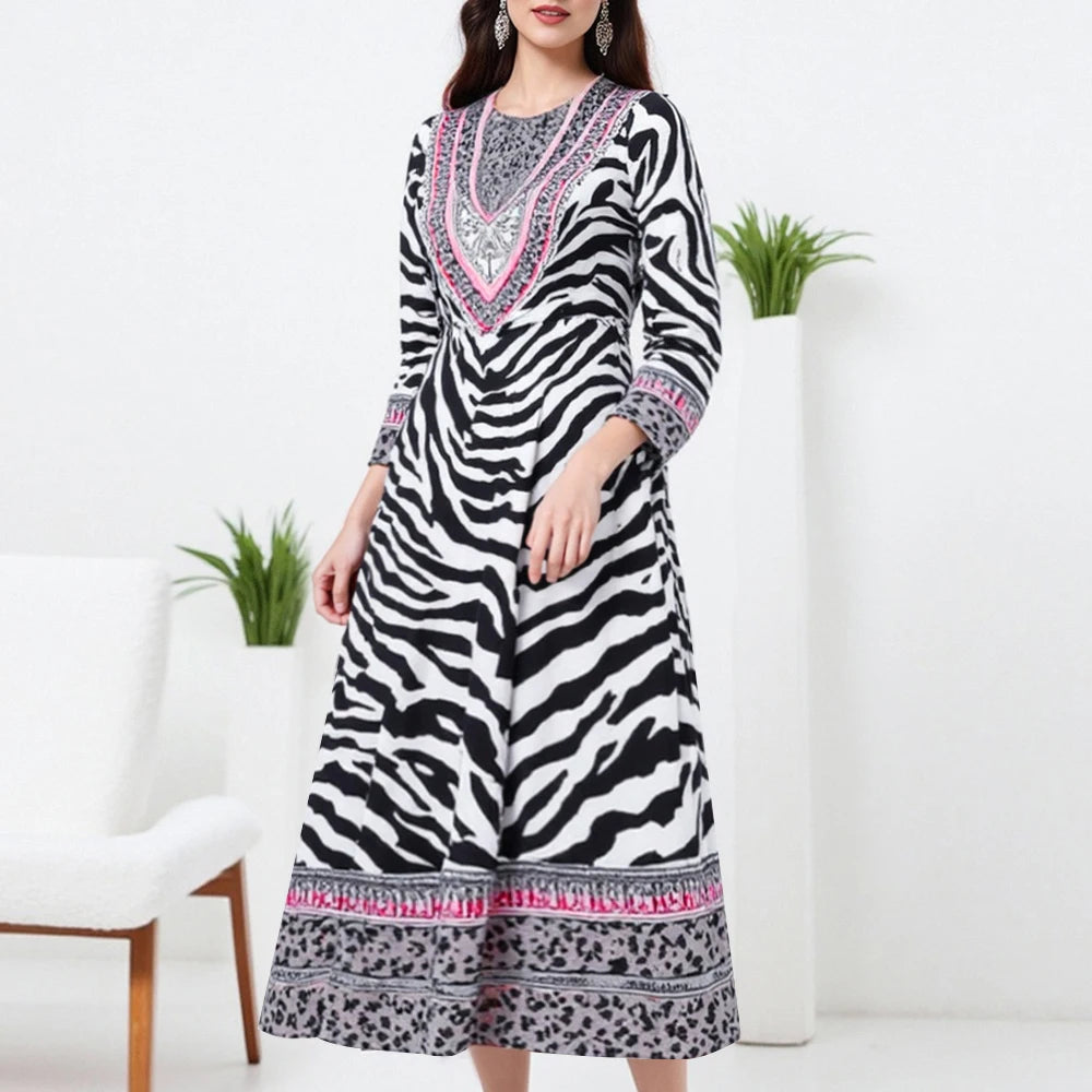 Rafiah Autumn Arabian Long Dress 2025 Fashion Mature Vibe Zebra-Stripe Long Sleeve V-Neck A-Line Dress For Women