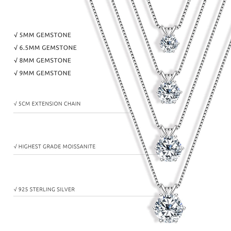 Lnngy 925 Sterling Silver Earring Necklace Certified GRA 0.5ct-3ct Solitaire Moissanite Pendant Necklace Earrings Jewelry Set