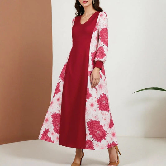 Rafiah Women's Summer Arabian Dress Loose Fit Floral Stitching Design Cuff Sleeve Sweetheart Neck Midi Casual Daily Dress