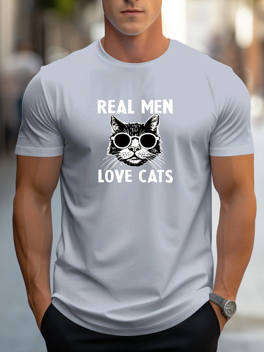 Men’s Summer 100% Cotton Casual T-Shirt,
“True Men Love Cats” Print | Loose Fit | Round Neck | Breathable Comfort