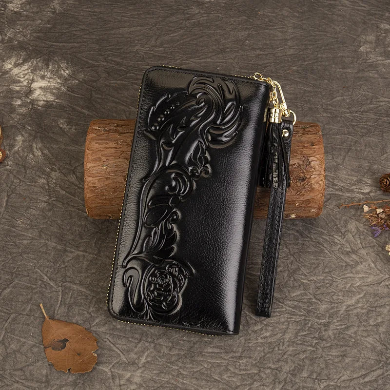 MOTAORA Vintage Women's Leather Wallet 3D Embossed Floral Clutch Bag Genuine Cow Leather Coin Purse Ladies Small Wallet 2025 NEW