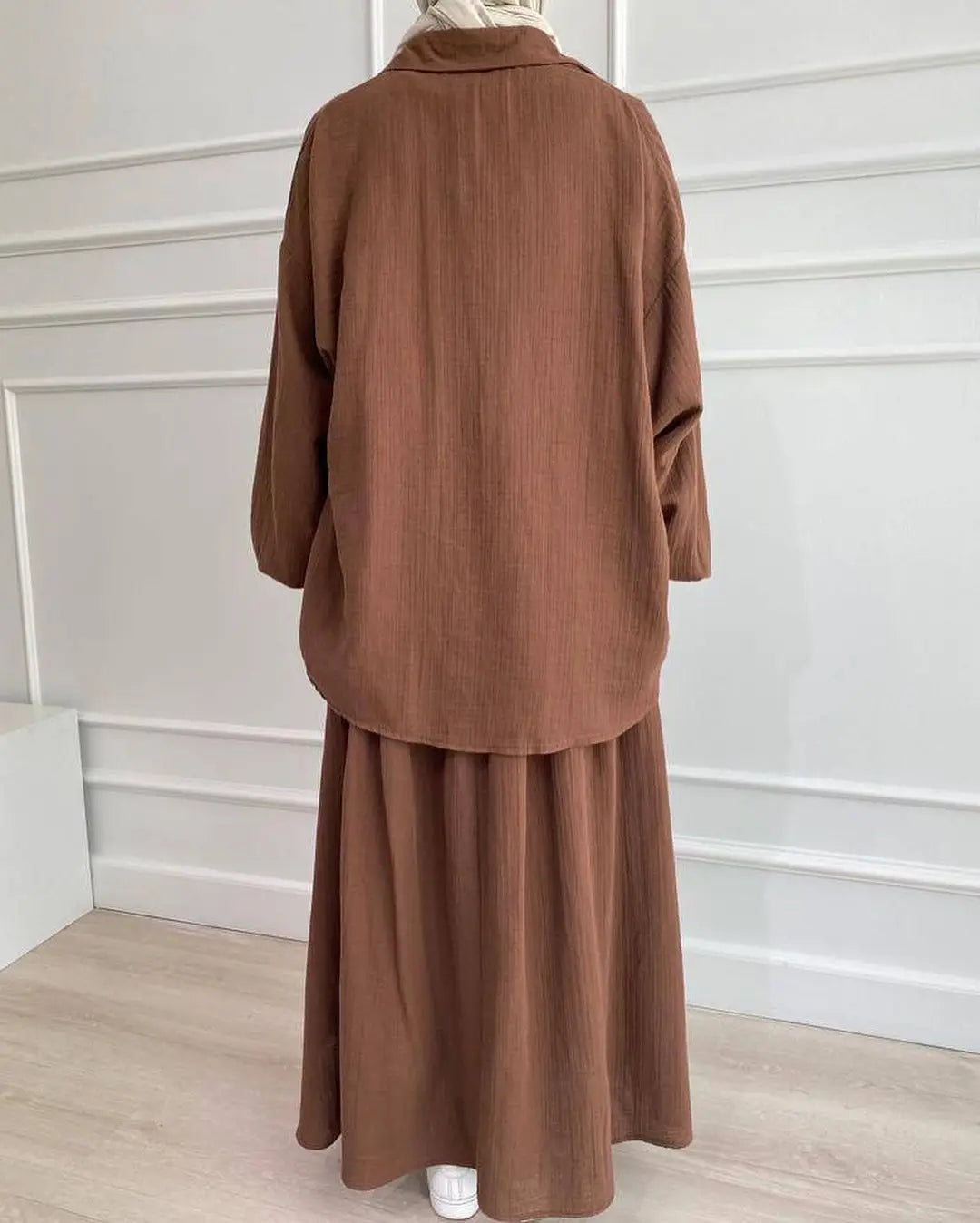 2 Piece Long Sleeve Shirt+Skirts Eid Muslim Women Elegant Sets Abaya Dubai Turkey Islamic Casual Tops Solid Color Skirt Fashion