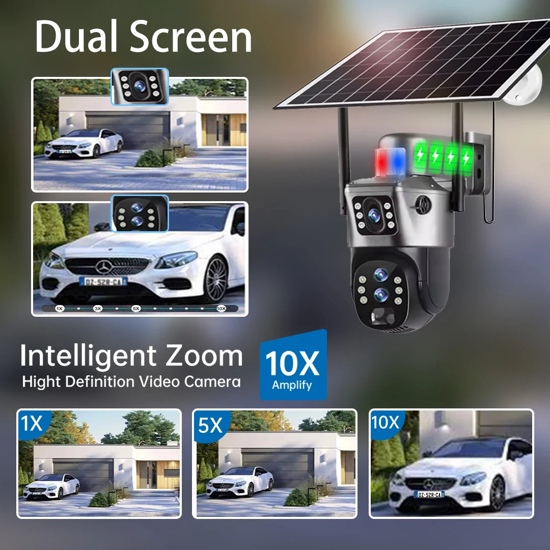 Solar Outdoor Surveillance Camera 4G Sim 6K 12MP Three Lens 10 Digital Zoom Wireless Cctv PTZ IP66 Security Solar Panel Cameras