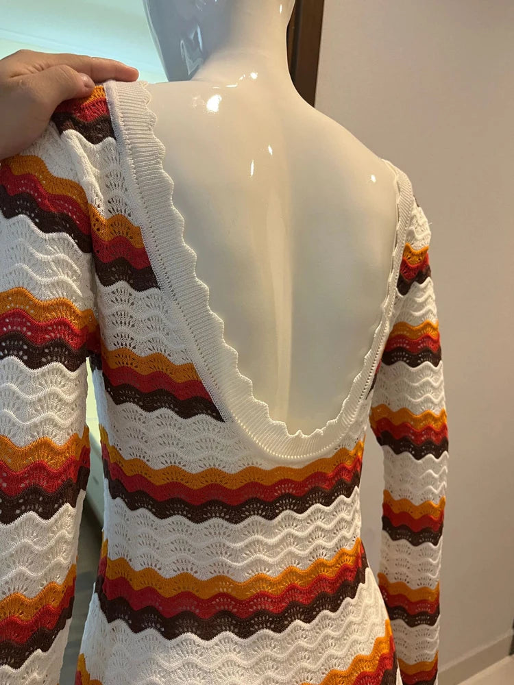 Tossy Striped Contrast Knit Maxi Dress Women Hollow Out Long Sleeve Cover up Summer Loose Ladies Dress High Waist Fashion Dress