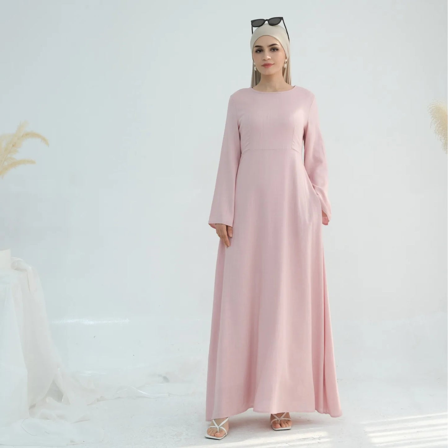 2025 Linen Pink Abaya Eid Ramadan Modest Maxi Dress Solid Color Robe Arabe Elegant Women Muslim Dresses Caftan Marocain Femme