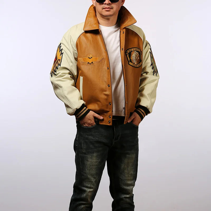 Men large size leather jacket flight suit jacket printed big chief embroidery casual sports yellow cowhide leather jackets tops