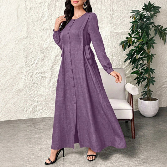 Rafiah Casual Arabic Style Single-Breasted Dress with Side Knot and Round Neck in Solid Color for Women Casual Daily A-Line