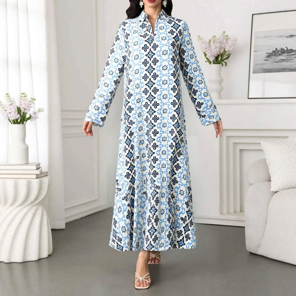Plus Size Rafiah Women's Summer Arabian Dress 2025 Geometric Print Contrast Color Long Sleeve Half Open Collar Long Dress