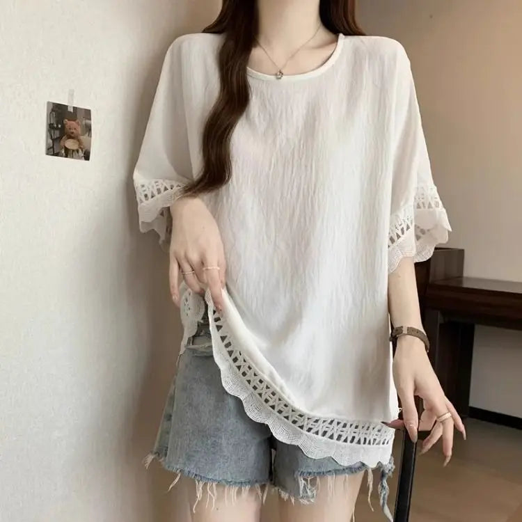 Lace Hollow out Texture ort Sve Women's T-irt Summer plus Size Conceals Belly Slimming Faionable Top Korean Sle