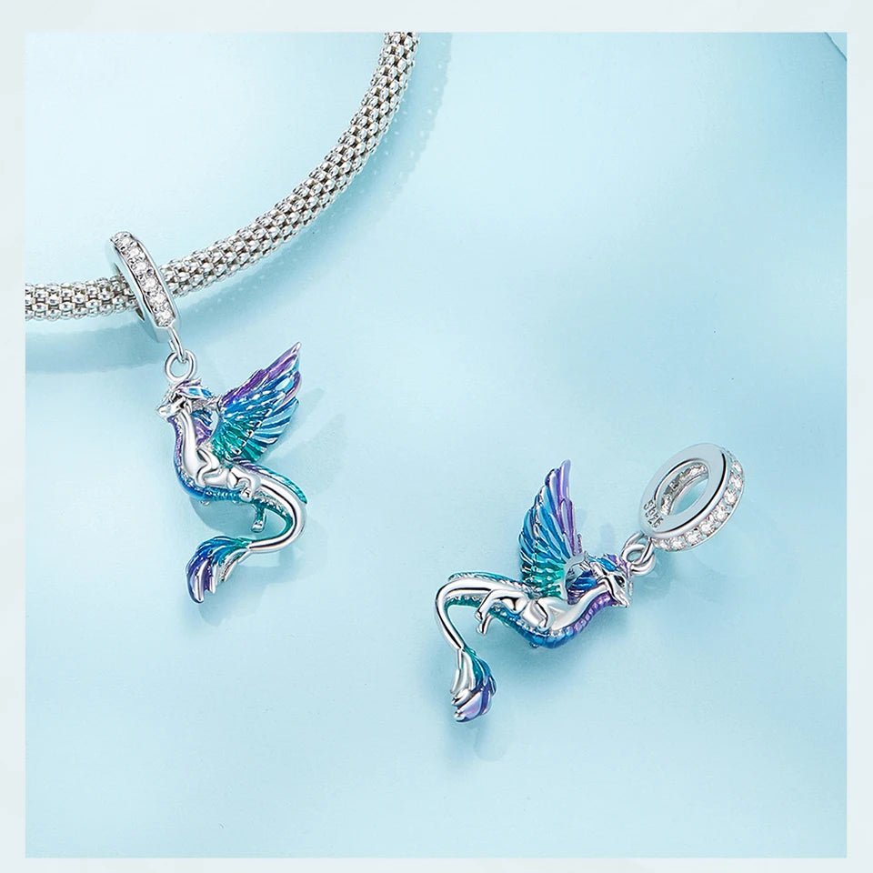 Bamoer  925 Sterling Silver Phoenix Pendant Dragon Charms Enamel Process Plated Platinuma Fit Women DIY Bracelet Fine Jewelry
