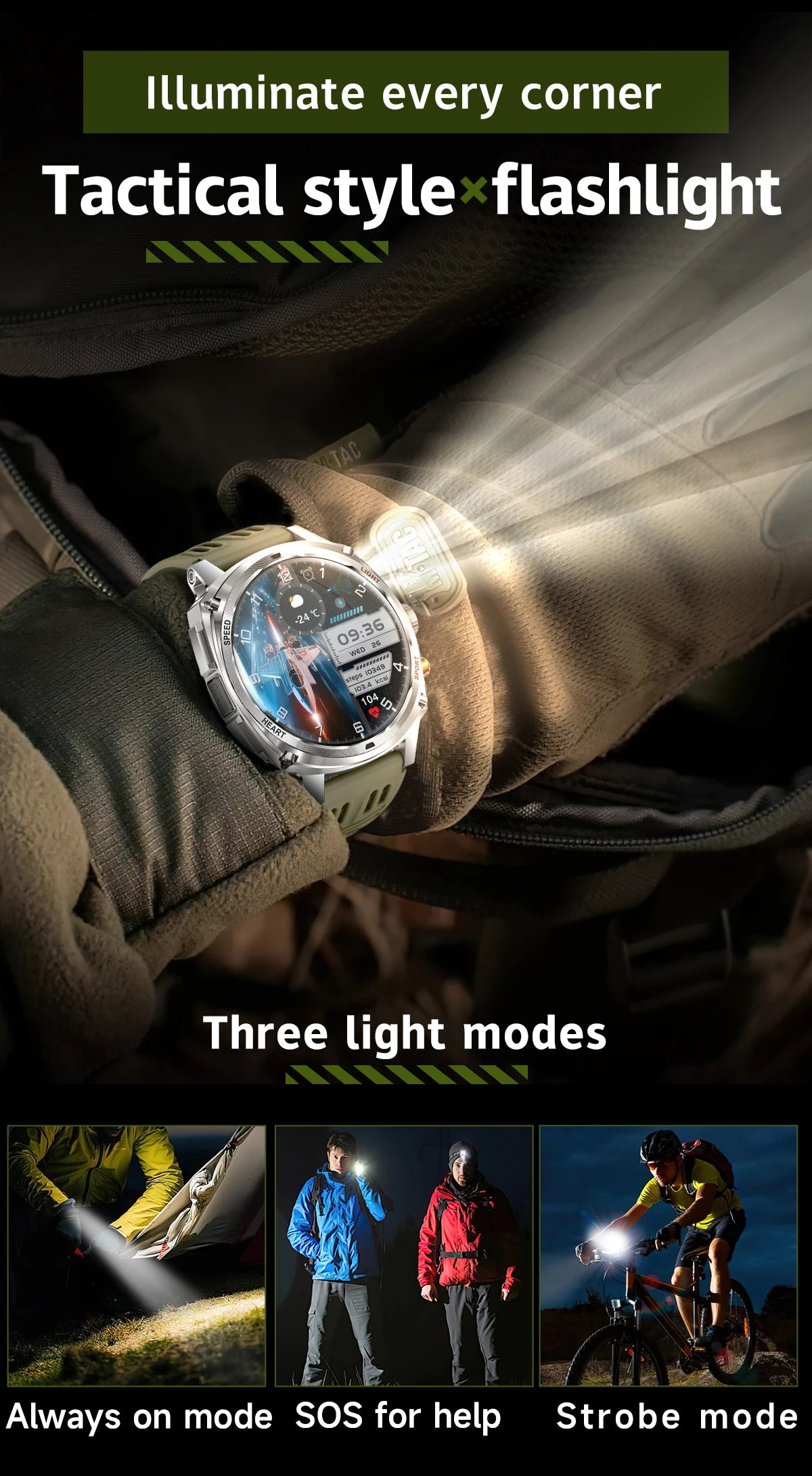 LIGE Rugged Military 1.75-inch AMOLED Screen Smart Watch With LED Flashlight 800mAh Battery Bluetooth Call Smart Watch Men Gift