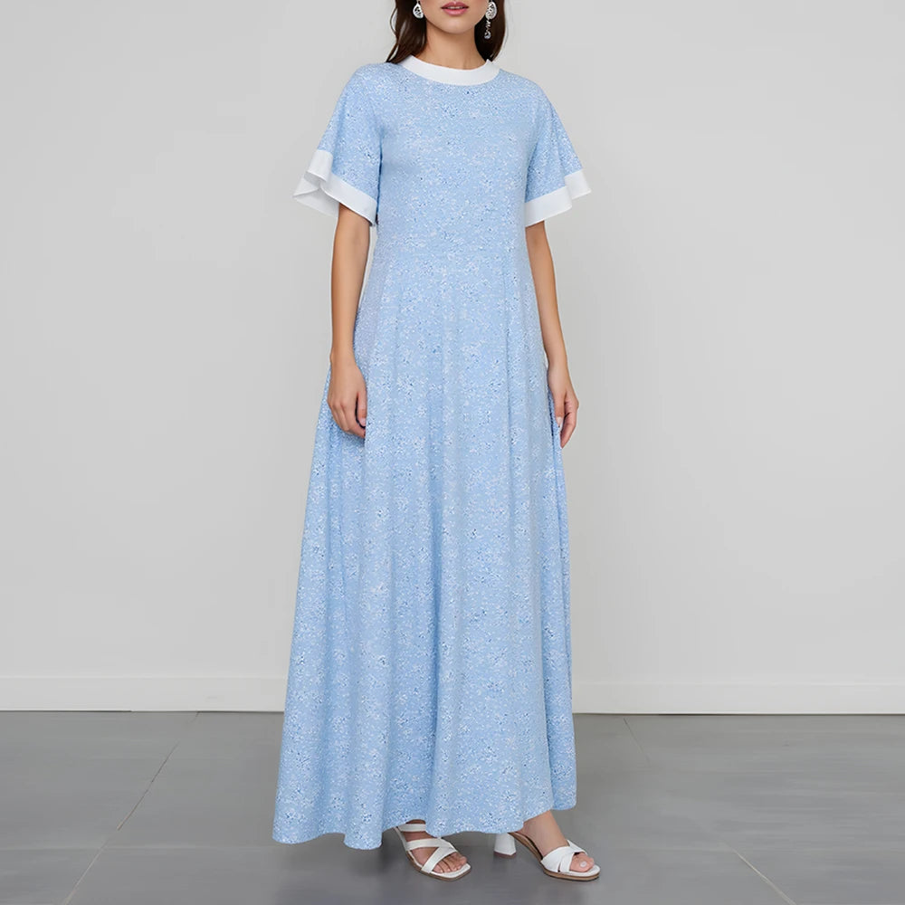 Rafiah Women's Summer Dress Simple Comfortable Contrast Color Short Sleeve Crew Neck Mixi Shift Dresses Casual Arabian Dress