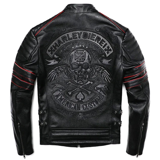 2025 New Embroidery Skull Fashion Genuine Leather Jacket Men's Natural Cowhide Motorcycle Jacket Slim Moto Coat Size S-6XL