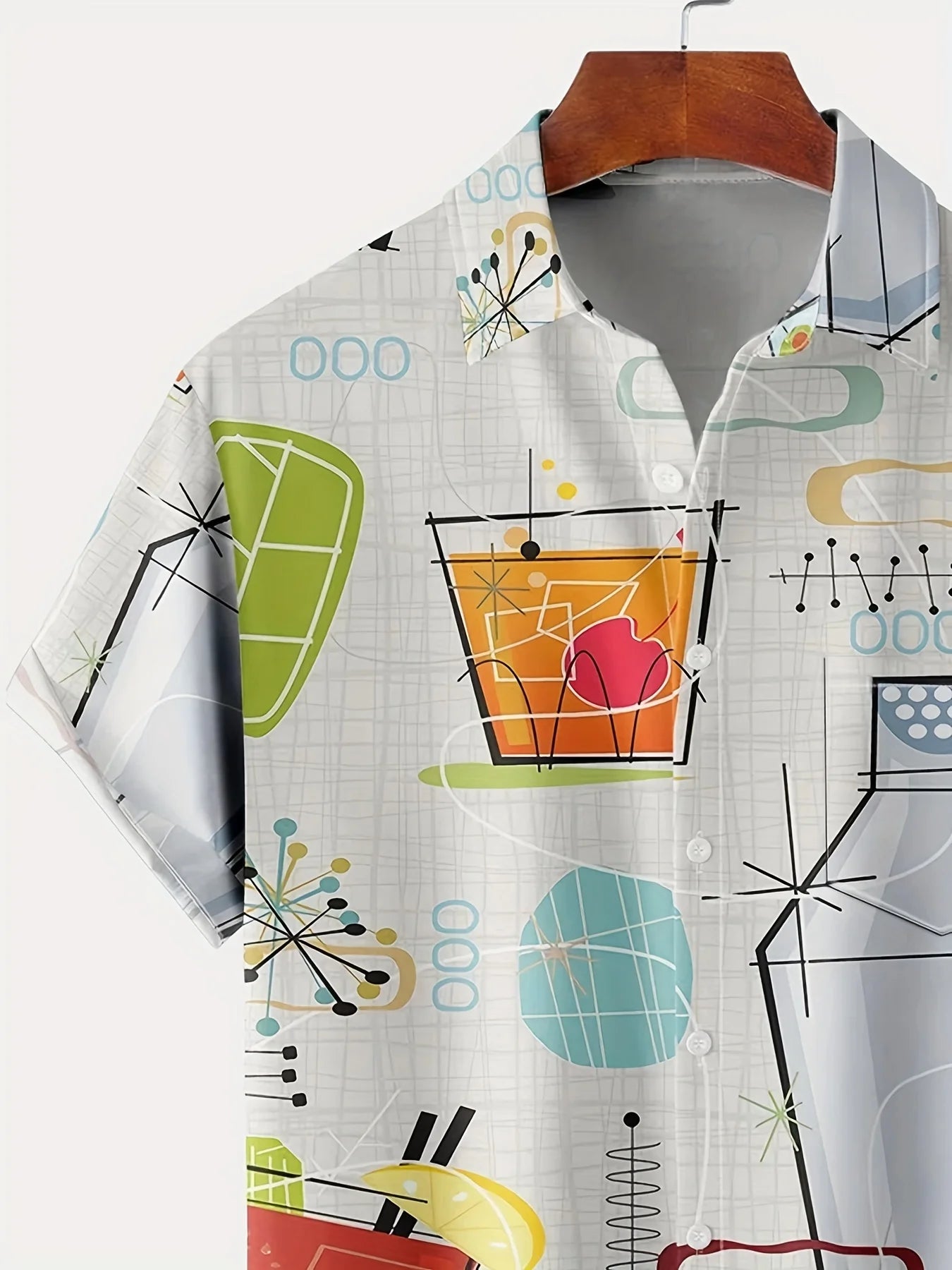 Men'S Vintage 60s Geometric Atomic Cocktail Shirt with Button Pocket,Polyester 100%, Regular Fit, Woven Fabric Slight Stretch