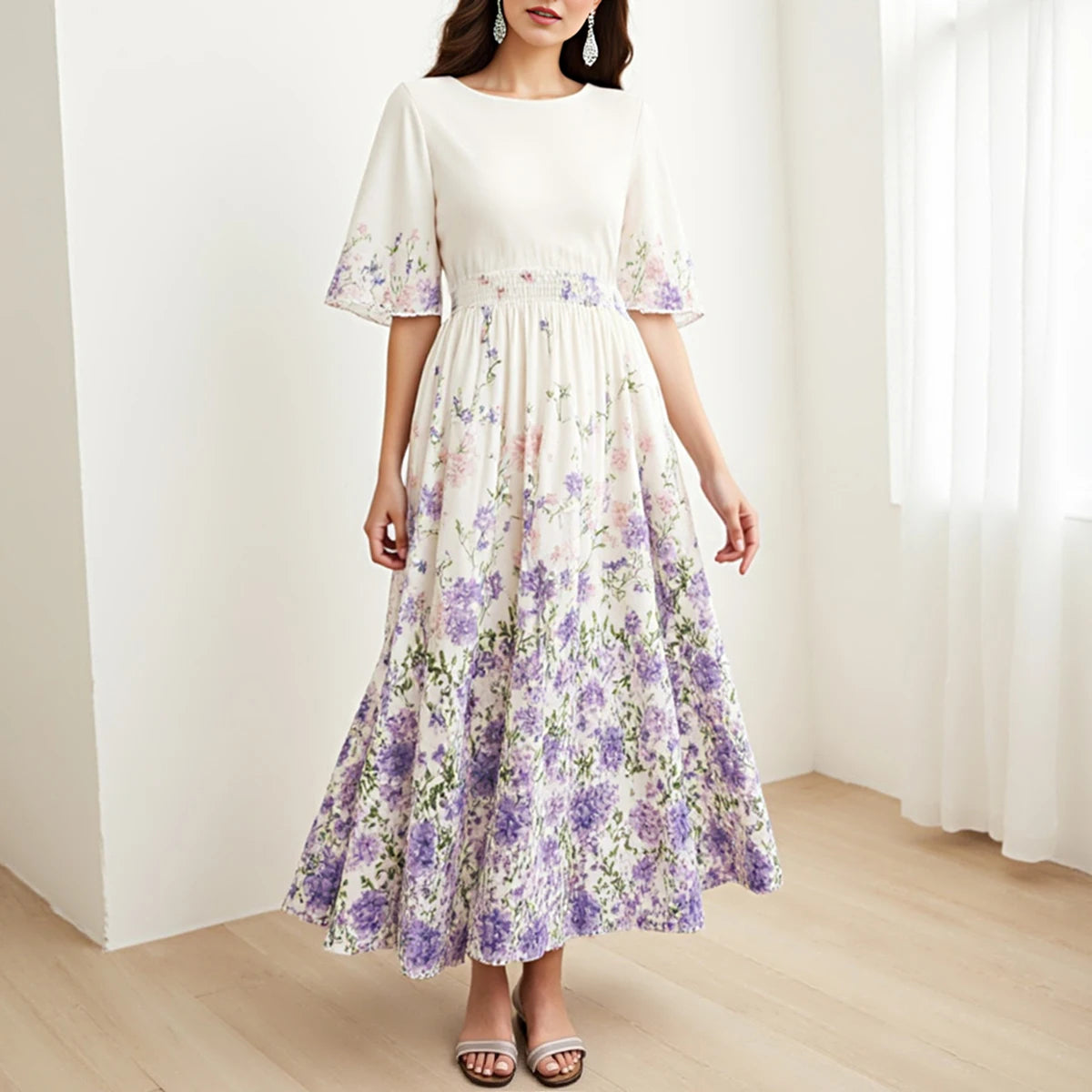 Rafiah Summer Arabian Dress 2025 Women's Decent Flower Full Print Folds Short Sleeve Round-Neck Daily Basic Midi Dress