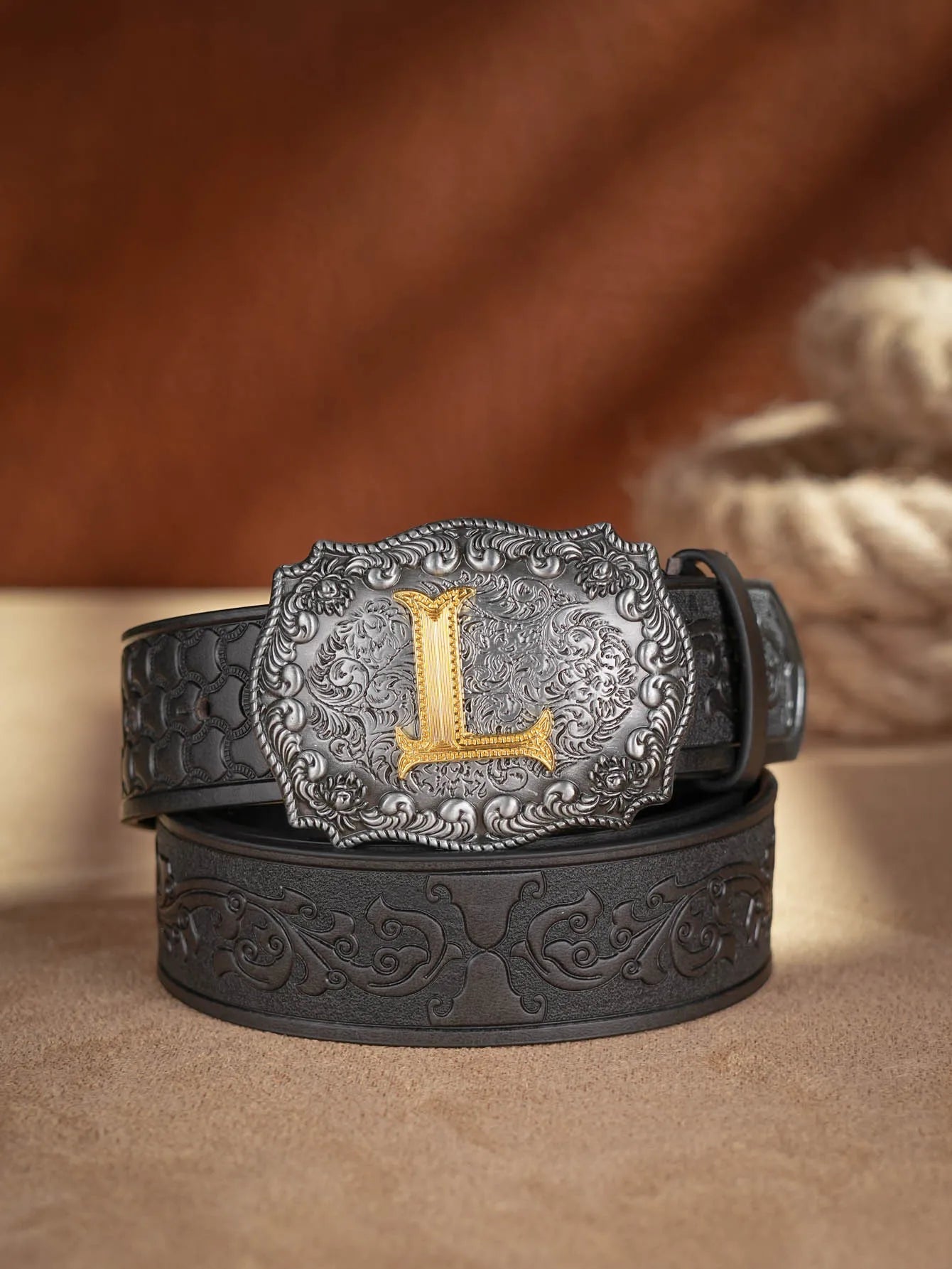 Western Cowboy PU Leather Belt - Men Waist Strap Bull Decoration Floral Engraved for Jeans