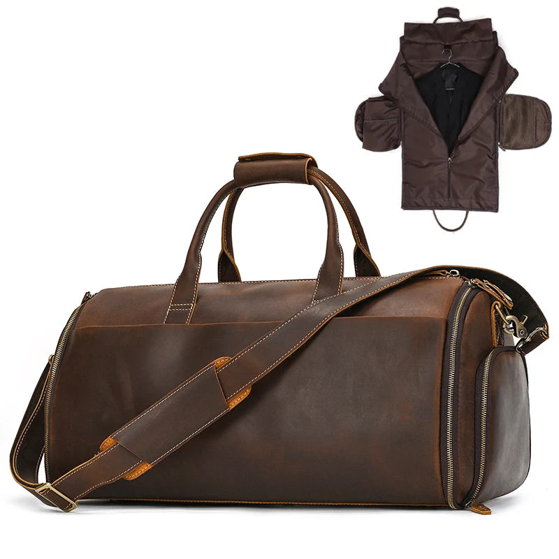 Crazy Horse Leather Folding Suit Bag Man Business Travel Bag With Shoe Pocket Clothes Cover Luggage Duffel Bag Man Bag For Suits