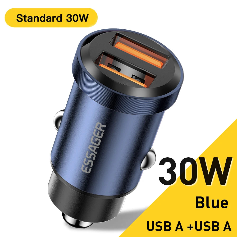 شاحن سيارة Essager USB 30 وات، شحن سريع 4.0، QC PD 3.0 SCP 5A، USB Type C، شحن سريع للسيارة، مناسب لأجهزة iPhone 14 13، Huawei، Samsung، Xiaomi