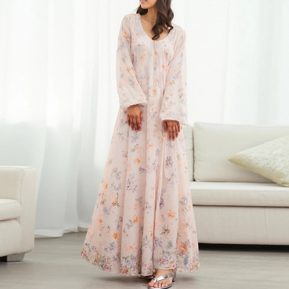 Rafiah Summer Women's Arabian Dress 2025 Elegant Chic Floral Full Print Long Sleeve Round-Neck Ruffle Hem Long Dress