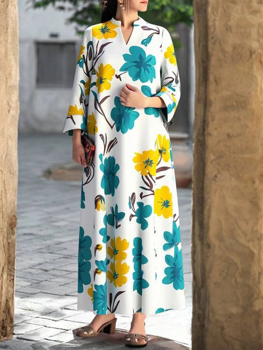 Rafiah Women's Summer Arabian Dress Retro Vintage Plant Printing Long Sleeve V-Neck Loose Fit Long Dresses Evening Dresses 2025