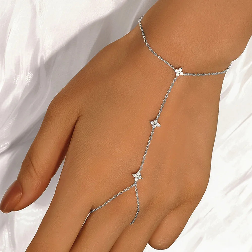 Lnngy Certified Moissanite Bracelet With Ring 925 Sterling Silver Four Leaf Flower Finger Bracelet For Women Hand Chain Jewelry