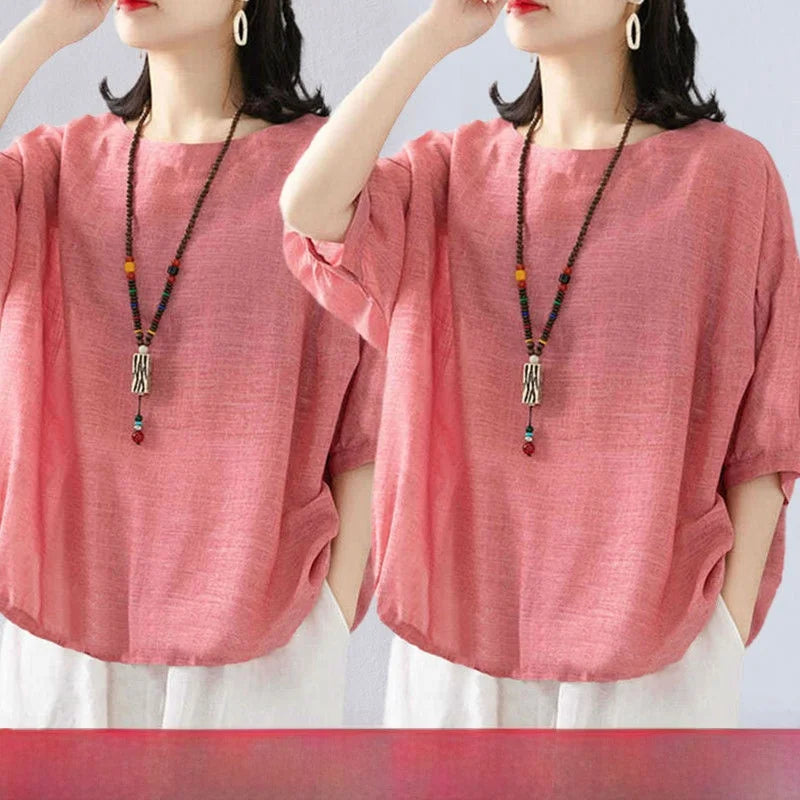 plus Size Women's Cotton T-irt ort Sve Summer New Sle Pure Linen Mid-Age Women's Faionable Commute Ethnic Sle Lo...